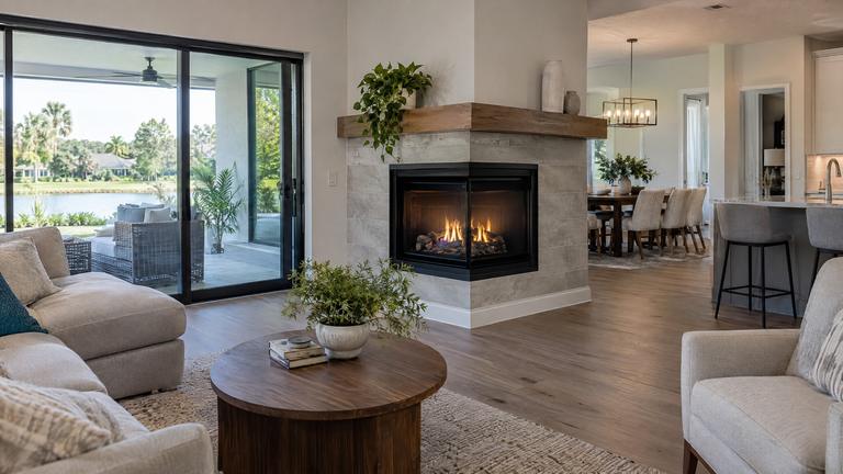 A new corner gas fireplace with a glass front and a gray tile surround in an open family room.