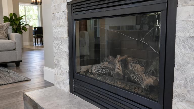 A gas fireplace glass front with a long crack across one corner, the log set visible behind it.
