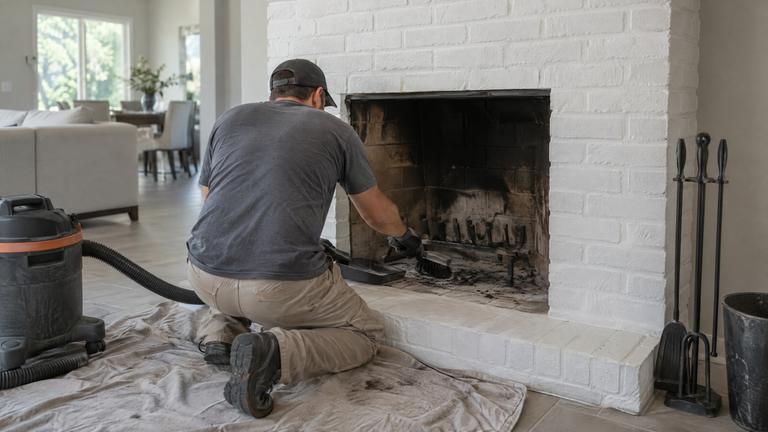 A worker kneels at a white-painted brick fireplace and sweeps soot from the firebox, with a shop vacuum and drop cloths.