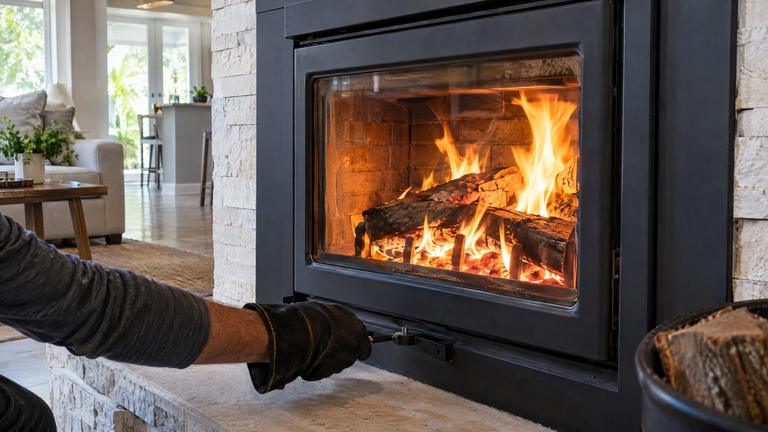 A steady fire behind the glass door of a wood-burning insert, a gloved hand at the air control.