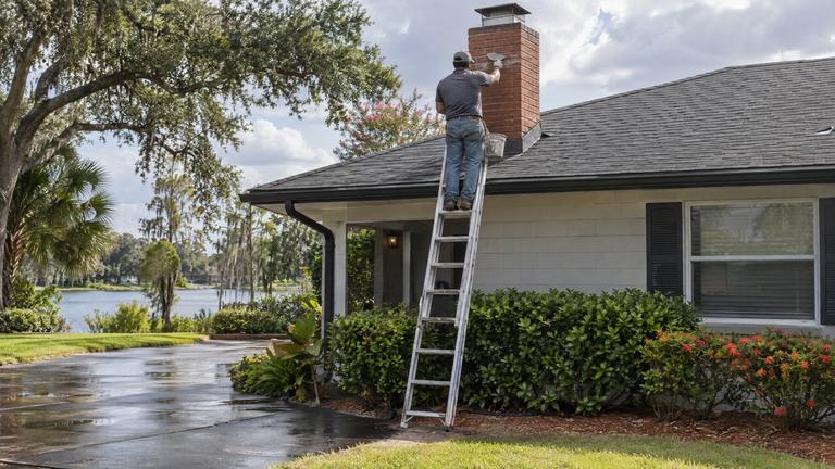 A worker on a ladder repairs the brick chimney of a gray block ranch home after rain.