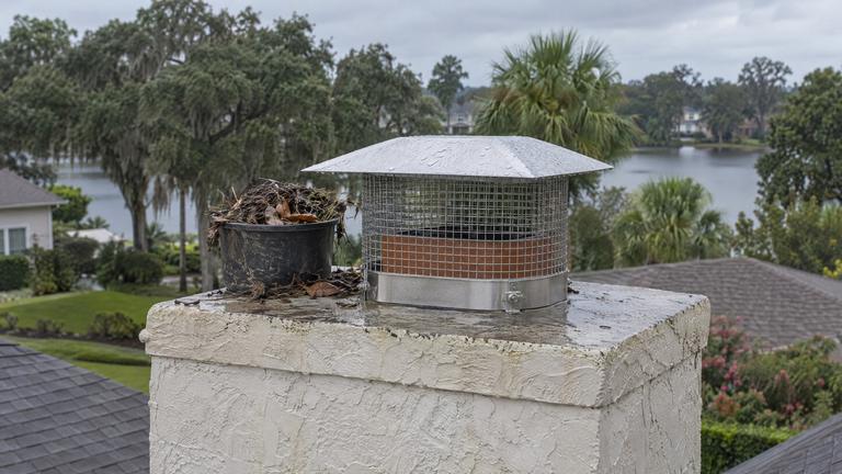 A new stainless mesh cap on a white stucco chimney, with removed nest material in a bucket on the crown beside it.