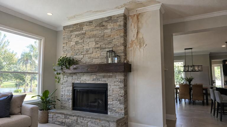 A water stain and peeling paint on the wall beside a stacked stone fireplace surround in a family room.