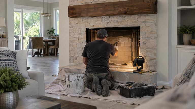 A worker points the firebrick joints at the back of a firebox, lit by a portable work light.