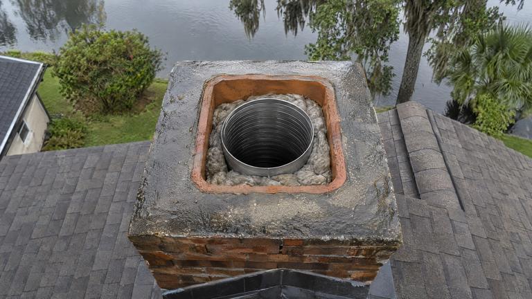 A new round stainless liner centered inside an old square clay flue, seen from above.
