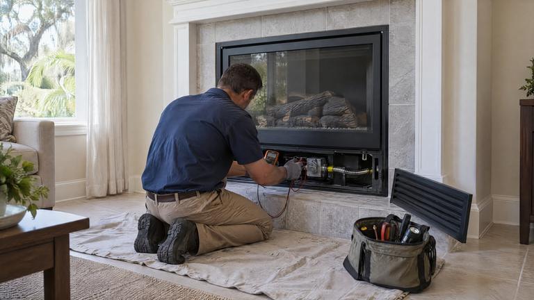 A technician kneels on a drop cloth and tests the control valve of a gas fireplace with the lower panel removed.