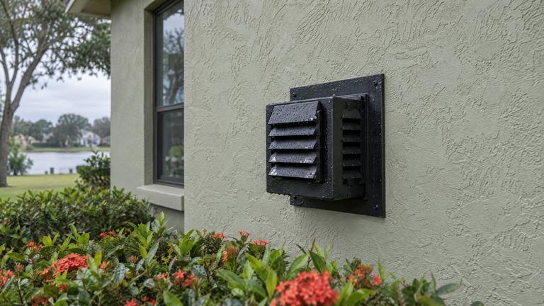 A louvered direct-vent termination cap on a sage stucco wall above a bed of ixora.